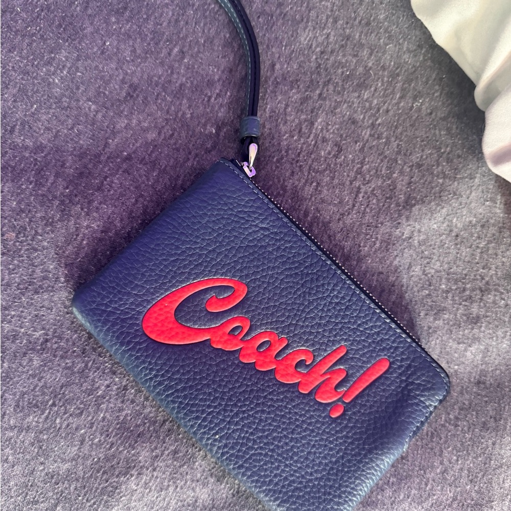 Coach Navy Wristlet with Red Logo